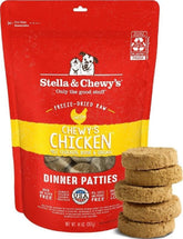 Stella & Chewy's empaque frontal de patties de pollo mostrando beneficio de palatabilidad