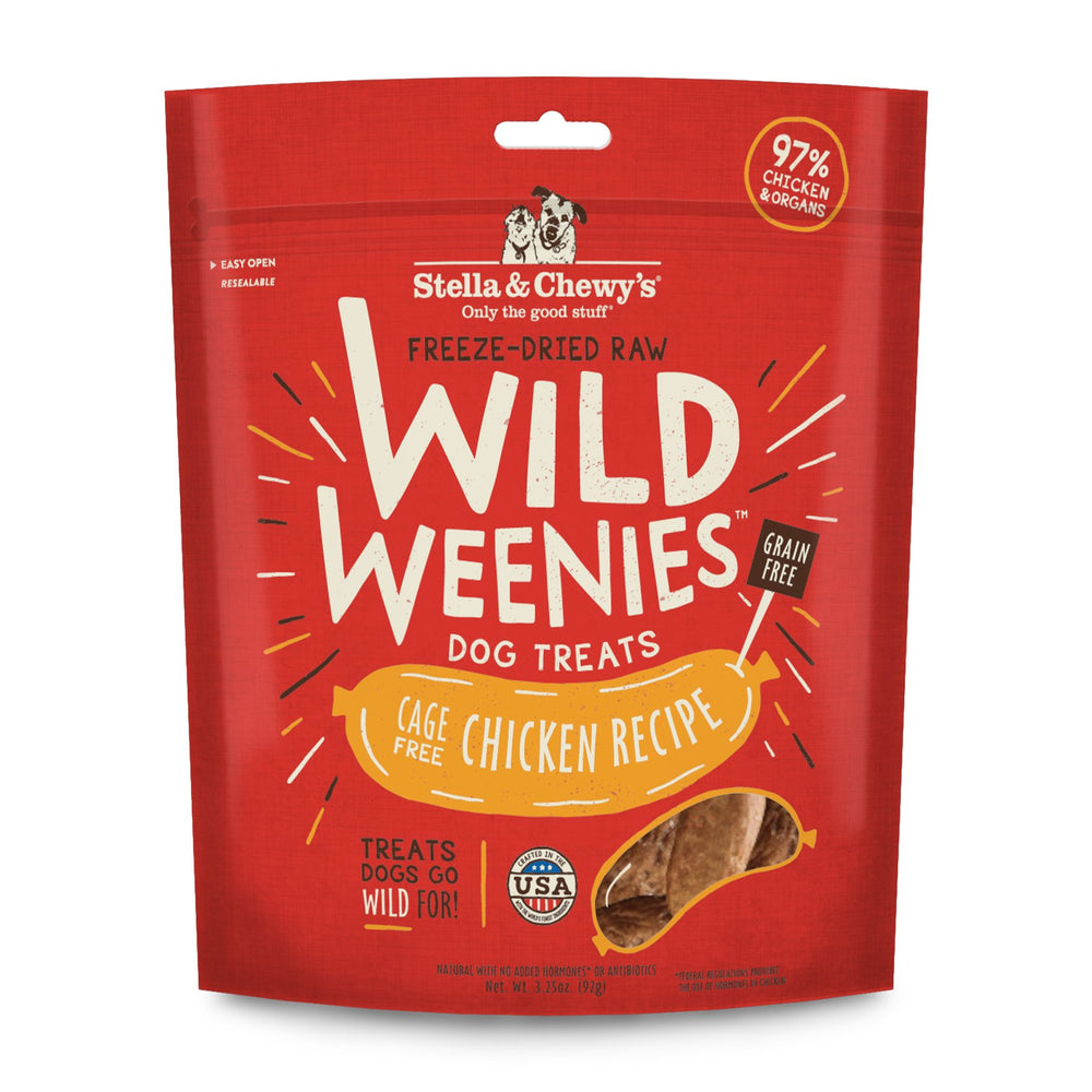 Stella & Chewy's paquete frontal Wild Weenies mostrando tamaño y marca