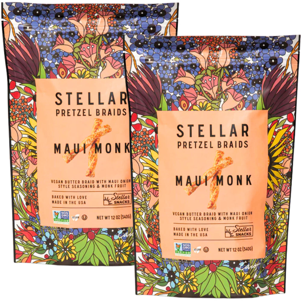 STELLAR SNACKS vista frontal del empaque mostrando la marca y sabor Maui Monk