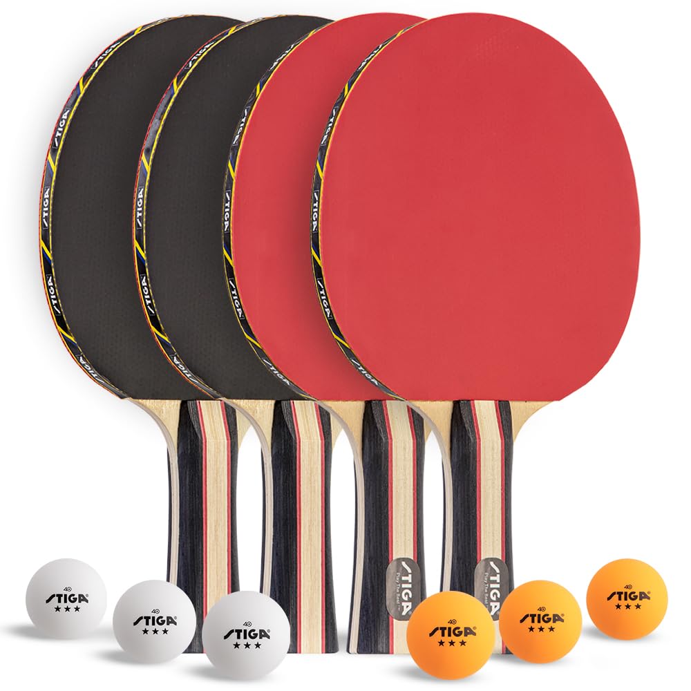 STIGA vista frontal del pack con cuatro paletas y seis pelotas, ideal para entrenar