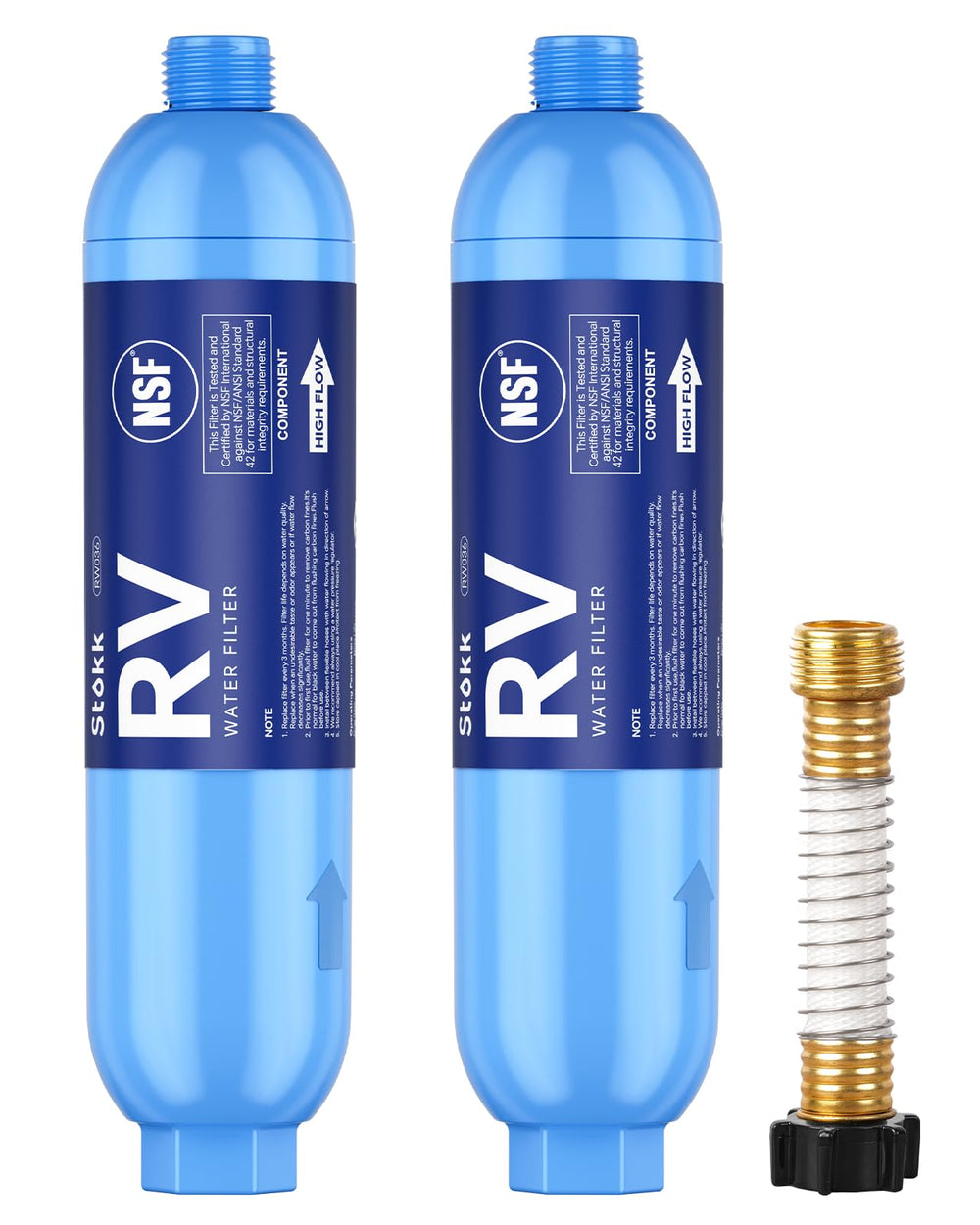 Stokk filtro RV vista frontal mostrando cuerpo amplio y puertos para conexión, mejora de flujo