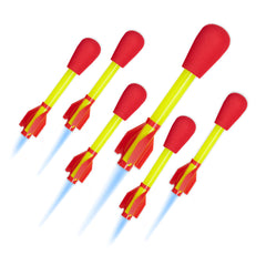 Stomp Rocket frente del paquete con seis cohetes listos para usar