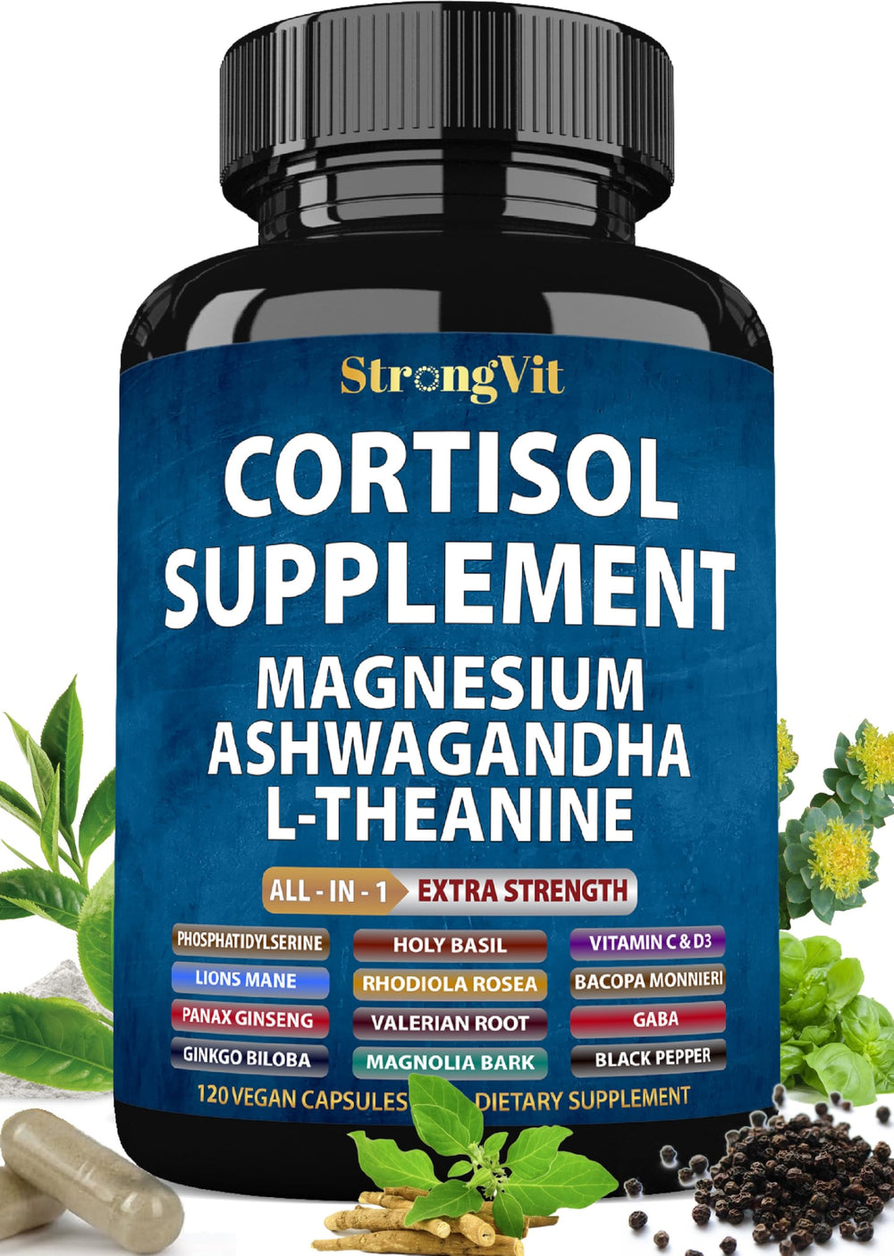 StrongVit frasco frontal mostrando 120 cápsulas y beneficios de sueño