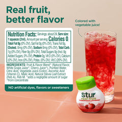 Stur etiqueta e ingredientes visibles, muestra extractos reales de fruta y beneficios