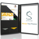 Stylio padfolio frontal mostrando diseño piano noir y apariencia profesional