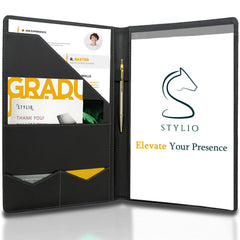 Stylio padfolio frontal mostrando diseño piano noir y apariencia profesional