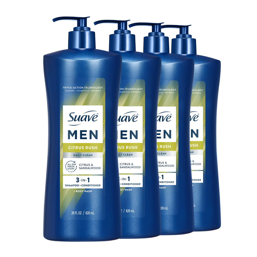 Suave Men frente de la botella mostrando diseño y tamaño conveniente