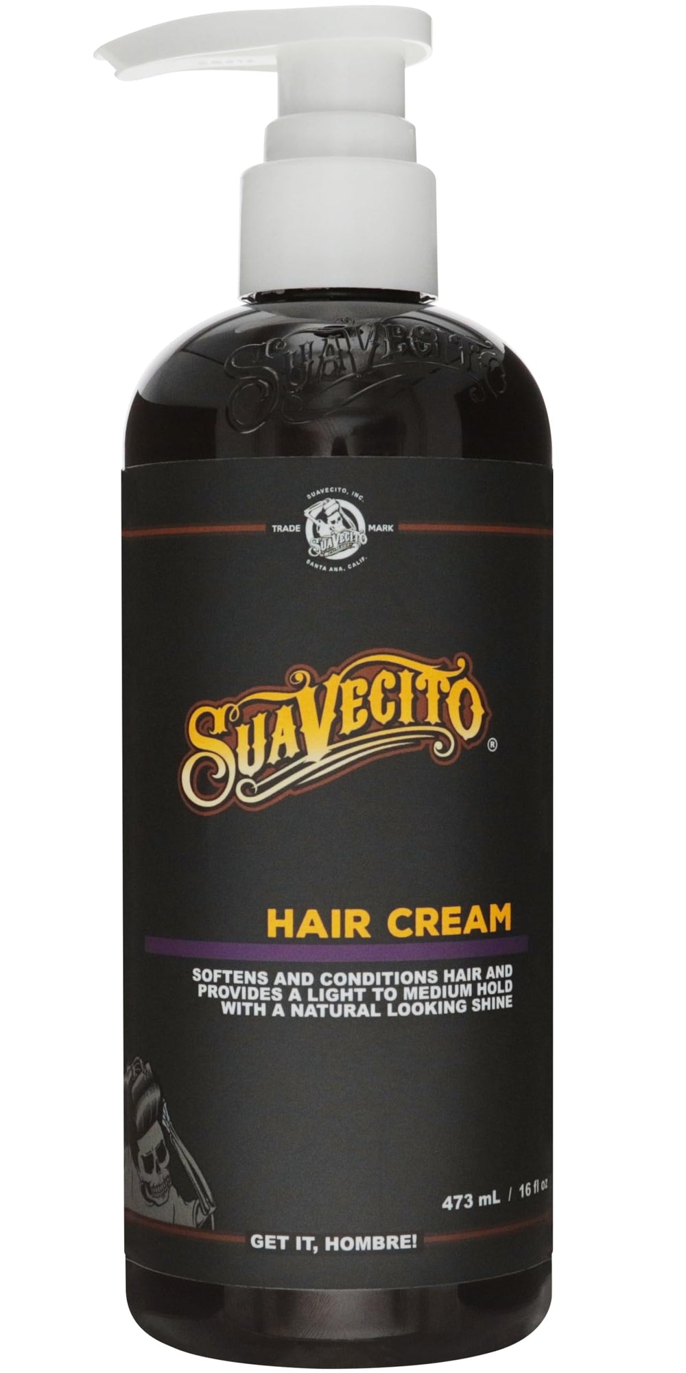 Suavecito Pomade crema en botella frontal mostrando diseño y facilidad de uso