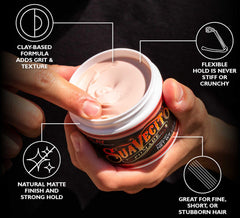 Suavecito Pomade textura de arcilla en primer plano para control y volumen