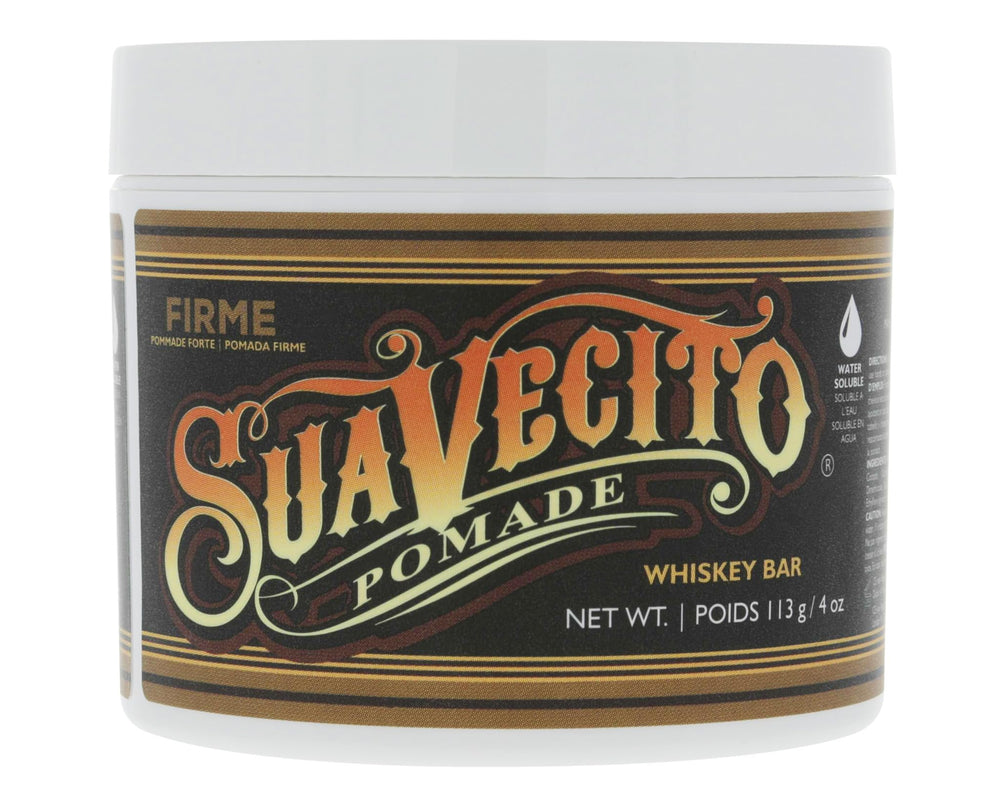 Suavecito Pomade frente del envase mostrando el diseño y beneficios de fijación
