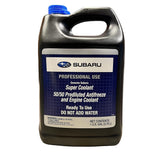Subaru envase frontal del Super Coolant Blue mostrando etiqueta y capacidad, protección garantizada