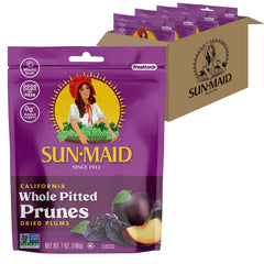 Sun-Maid paquete frontal de ciruelas, muestra la marca y práctico en bolsa