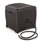 Suncast front view of mocha wicker-style hose reel showing tidy storage benefit