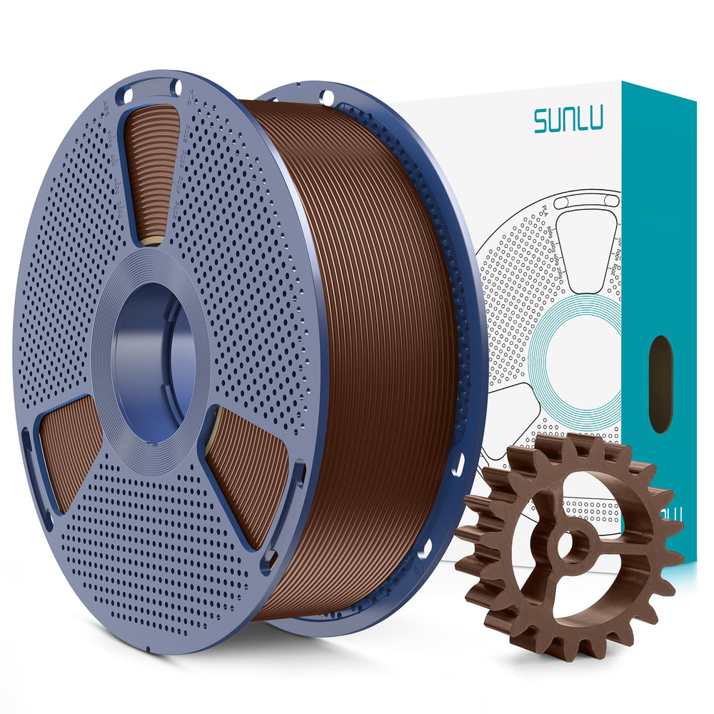 SUNLU bobina frontal color coffee brown mostrando etiqueta y cantidad