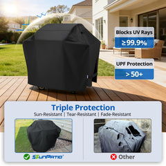 SunPatio cover fitted on grill full view demonstrating all-weather shield