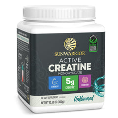 Sunwarrior envase frontal mostrando creatina micronizada y ventaja de pureza