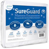SureGuard funda frontal con embalaje mostrando tamaño Queen y ajuste