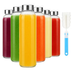 Sursip frontal del conjunto de seis botellas de vidrio mostrando ahorro y organización
