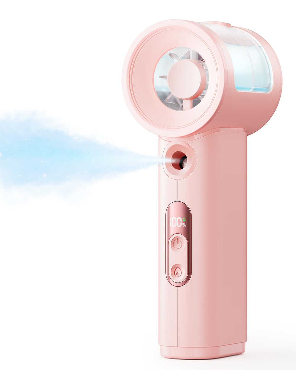 SWEETFULL vista frontal del ventilador portátil con diseño rosa y control claro
