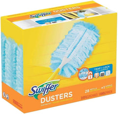 Swiffer vista frontal del mango con recambios mostrando limpieza rápida y sin rayas