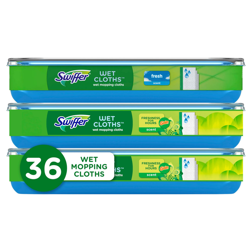 Swiffer paquete frontal mostrando 36 paños y aromas Fresh y Gain para limpieza rápida