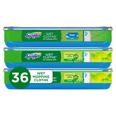 Swiffer paquete frontal mostrando 36 paños y aromas Fresh y Gain para limpieza rápida