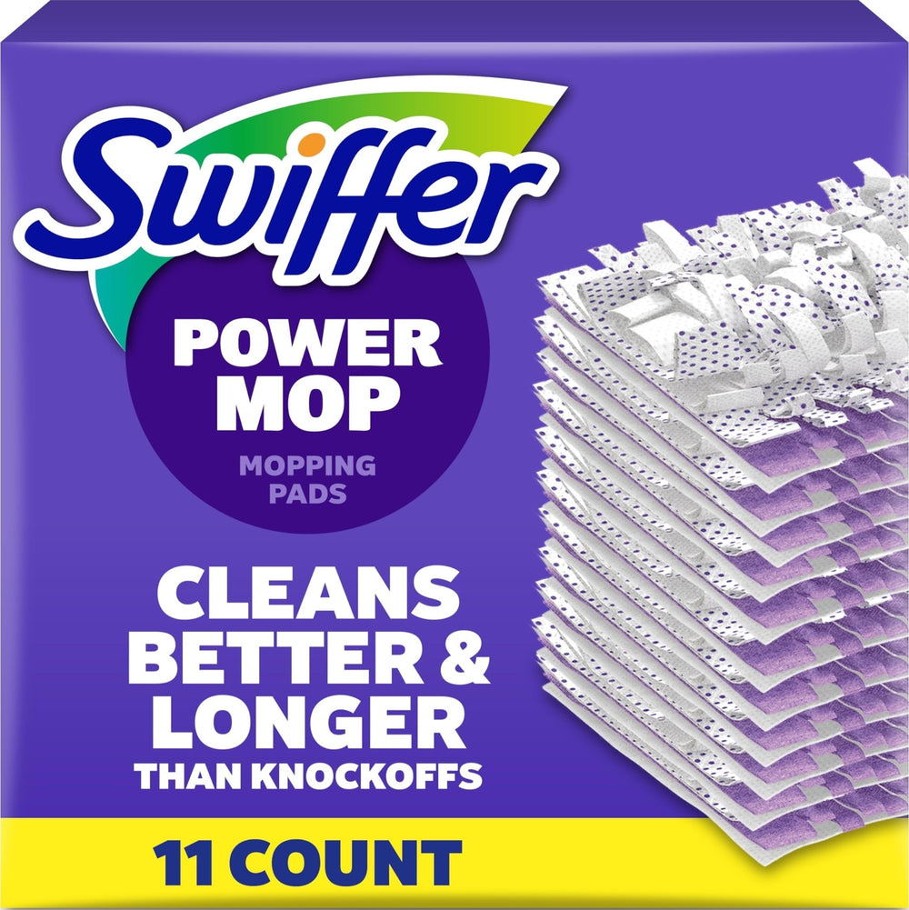 Swiffer PowerMop empaque frontal mostrando 11 recambios, limpieza rápida
