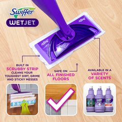 Swiffer WetJet detalle de la boquilla doble rociando solución, cobertura uniforme