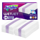 Swiffer WetJet empaque frontal mostrando 24 almohadillas y facilidad de almacenaje