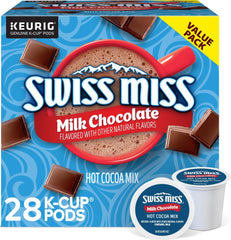 Swiss Miss frente del paquete mostrando 28 cápsulas y conveniencia