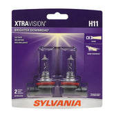 SYLVANIA H11 XtraVision empaque frontal mostrando paquete de 2 y beneficios