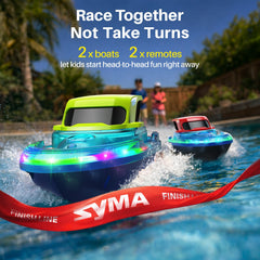 SYMA barco con luces LED encendidas mejorando visibilidad y juego nocturno