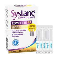 Systane Complete vista frontal del empaquetado monodosis para alivio instantáneo