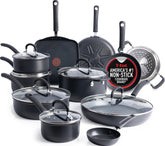 T-Fal frontal del set de 17 piezas mostrando versatilidad y organización