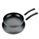 T-fal vista frontal del set de 10 y 12 pulgadas con acabado gris, durabilidad visible