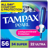 Tampax paquete frontal mostrando 56 unidades y descripción clara de beneficio