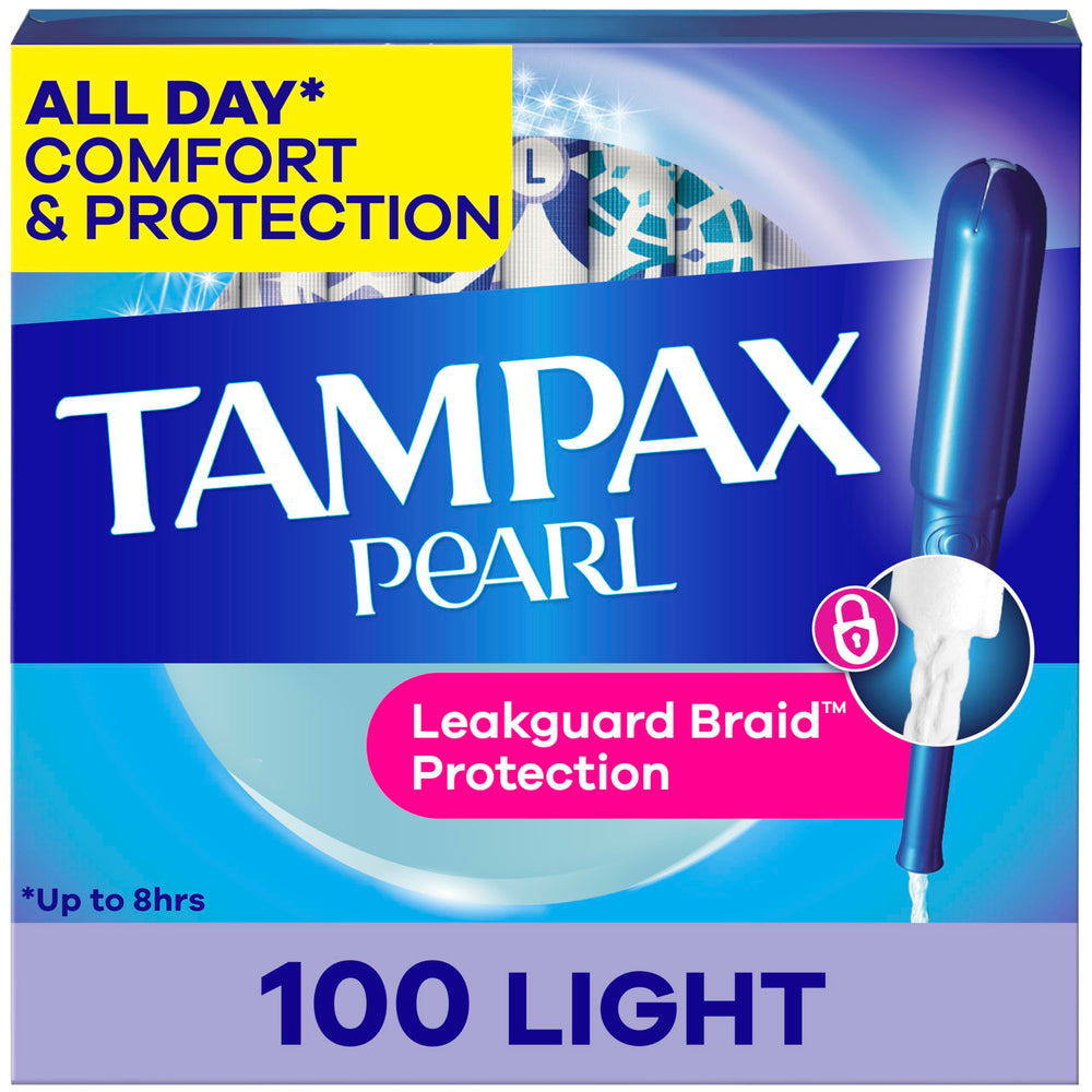 Tampax paquete frontal mostrando 100 tampones y marca Tampax, comodidad confiable