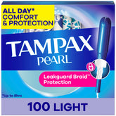 Tampax paquete frontal mostrando 100 tampones y marca Tampax, comodidad confiable