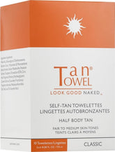 Tan Towel paquete frontal mostrando 10 toallitas, aplicación rápida y sin derrames