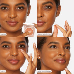 tarte aplicación en contorno de ojos mostrando corrección inmediata de ojeras