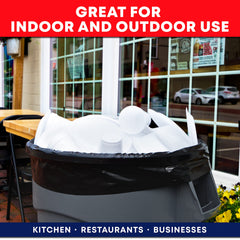 Tasker filled garbage bag outdoors showing heavy-load strength and leak protection