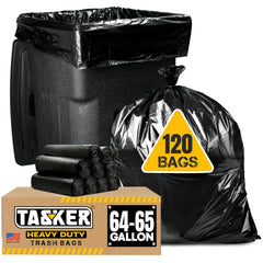 Tasker front packaging showing 65 gallon 120-count and sturdy construction benefits