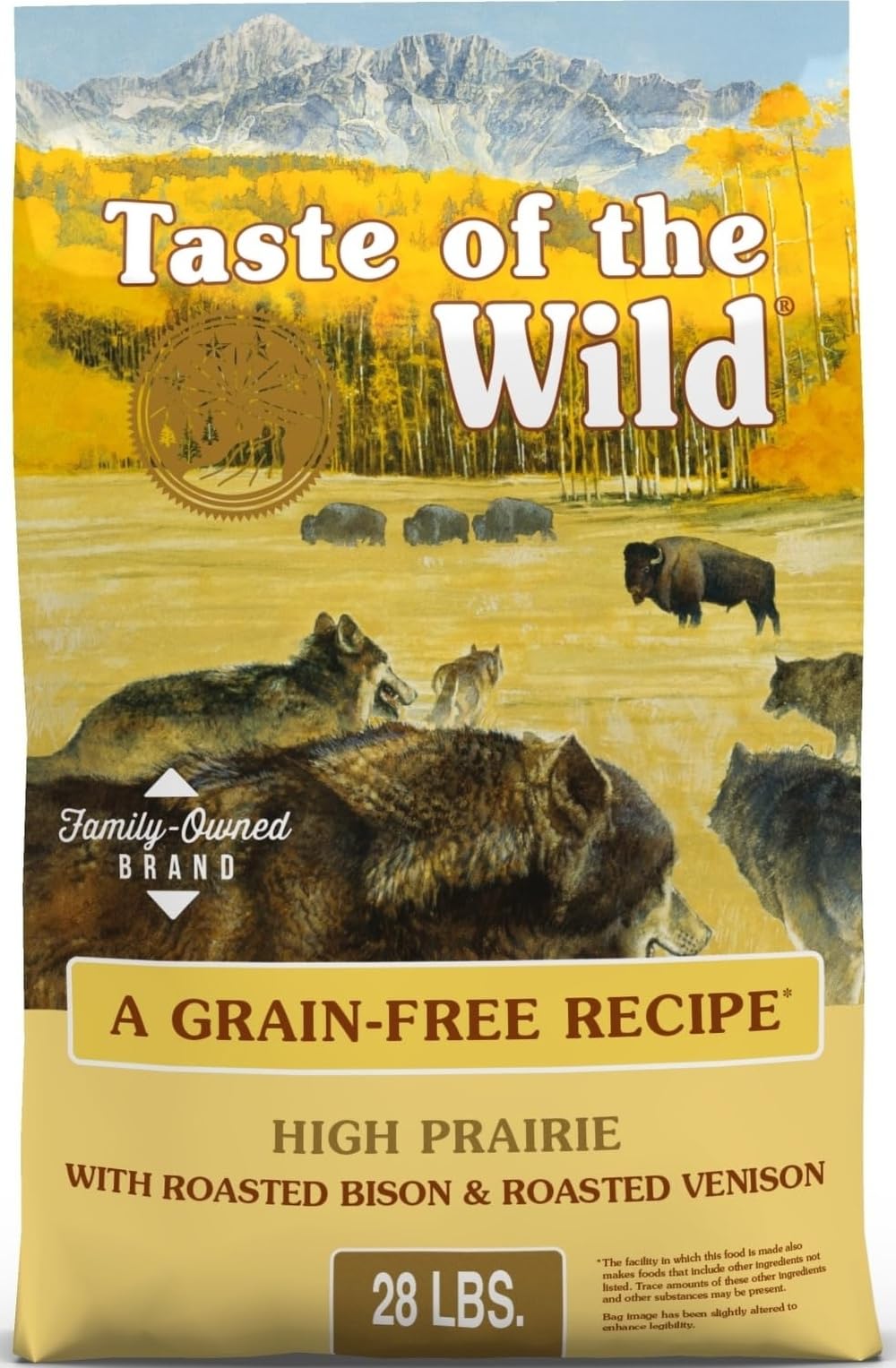 Taste of the Wild frente del empaque mostrando 28 lb y beneficio de gran presentación