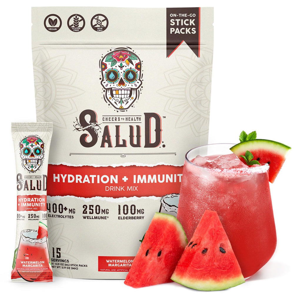 Taste Salud frente del empaque Watermelon Margarita mostrando sobres listos para llevar y conveniencia