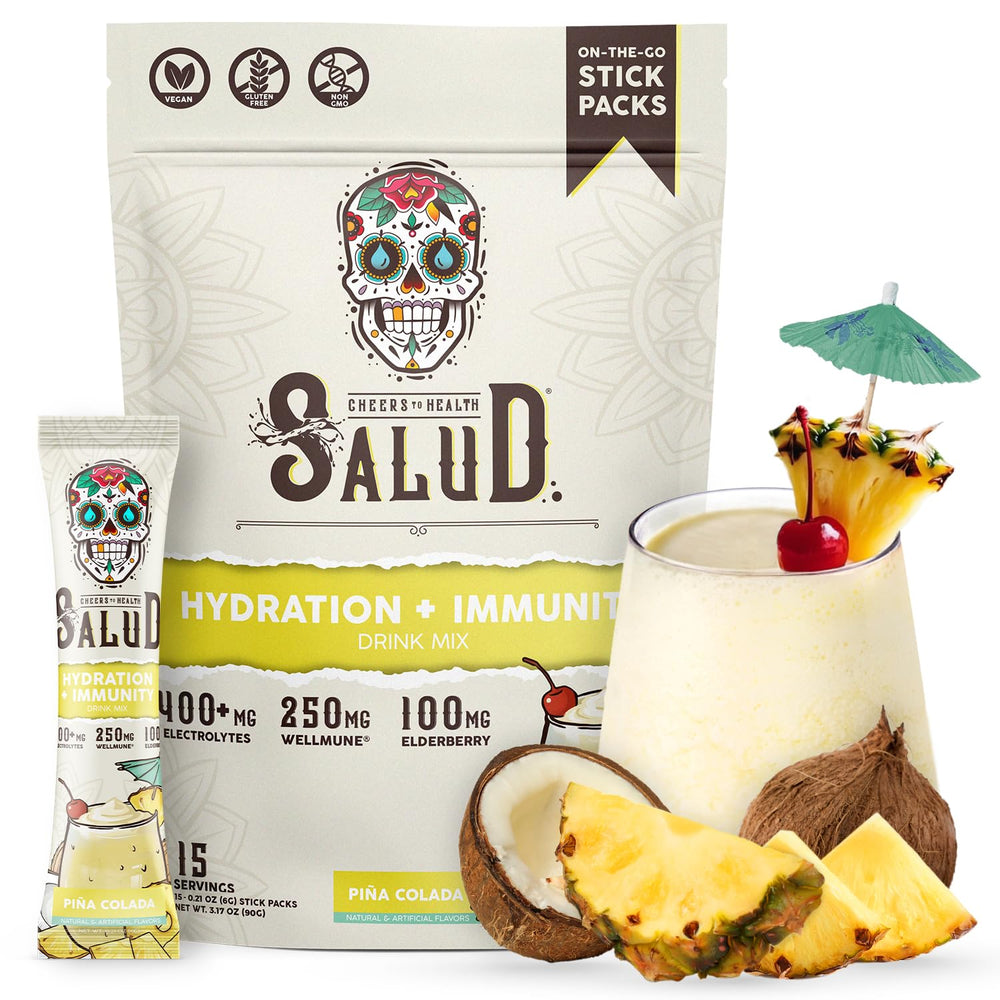 Taste Salud envase frontal Piña Colada mostrando sobres listos para llevar