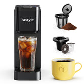 Tastyle vista frontal con taza grande mostrando compatibilidad y ahorro de tiempo