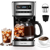 Taylor Swoden frente de la cafetera mostrando diseño negro y acero, ideal para encimera