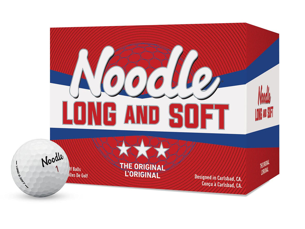 TaylorMade NOODLE LONG & SOFT vista frontal del embalaje y bola, muestra producto y beneficio de distancia