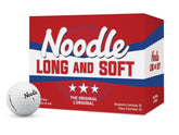 TaylorMade NOODLE LONG & SOFT vista frontal del embalaje y bola, muestra producto y beneficio de distancia