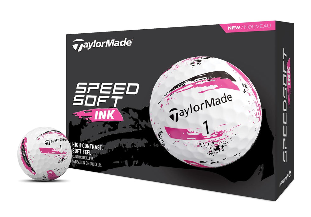 TaylorMade SpeedSoft Ink front packaging showing dozen balls and benefit of easy storage